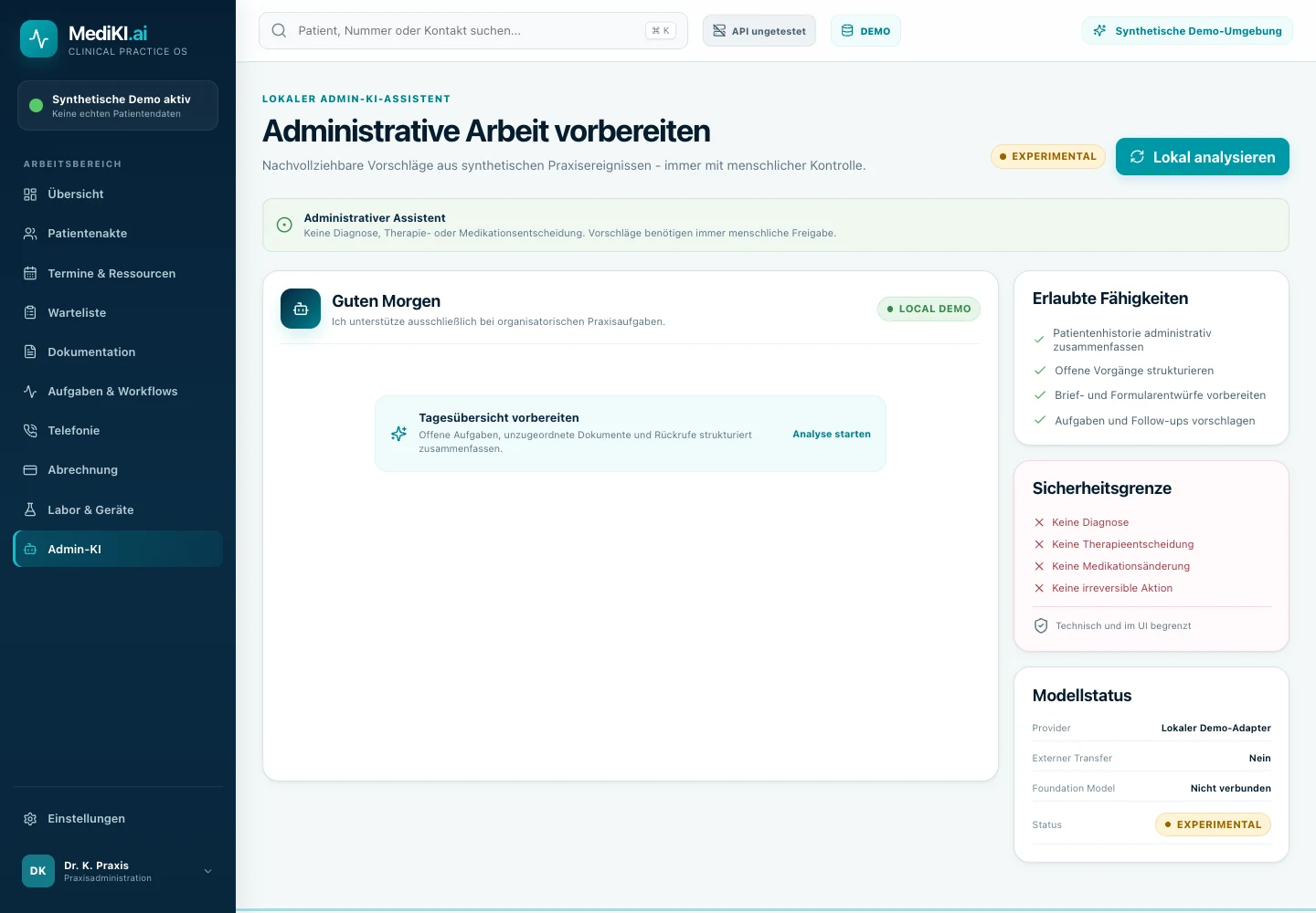 Experimentelle lokale MEDI KI Admin-KI in der synthetischen Demo