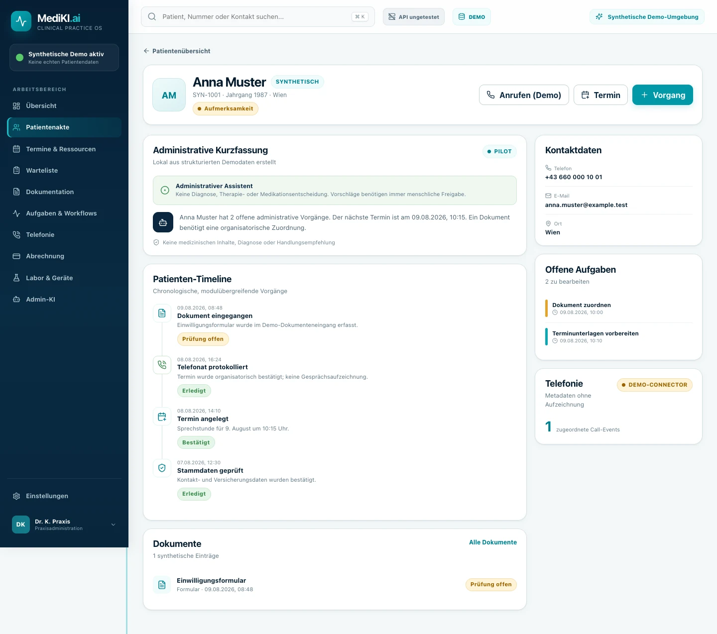 MEDI KI Patientenakte mit administrativer Kurzfassung und Timeline